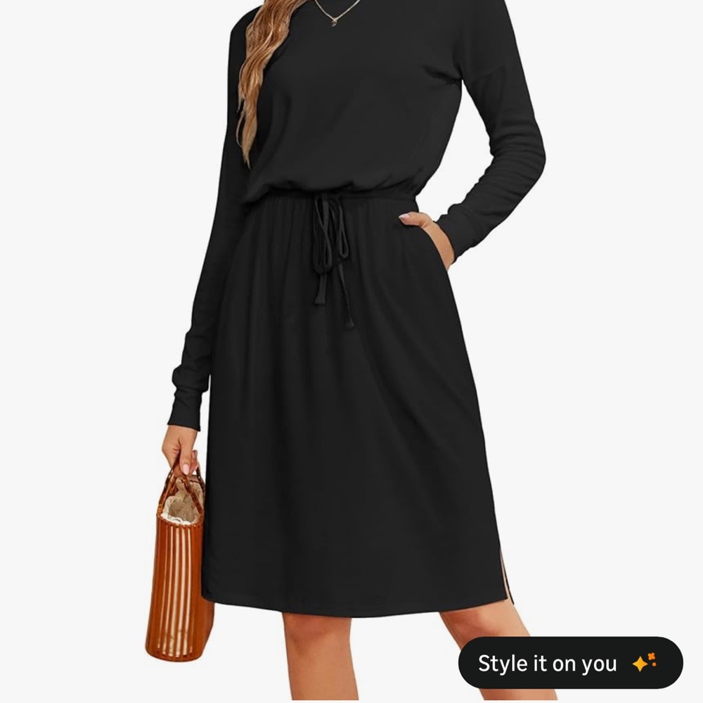 Everyday Black Long-Sleeve Drawstring Waist Midi Dress